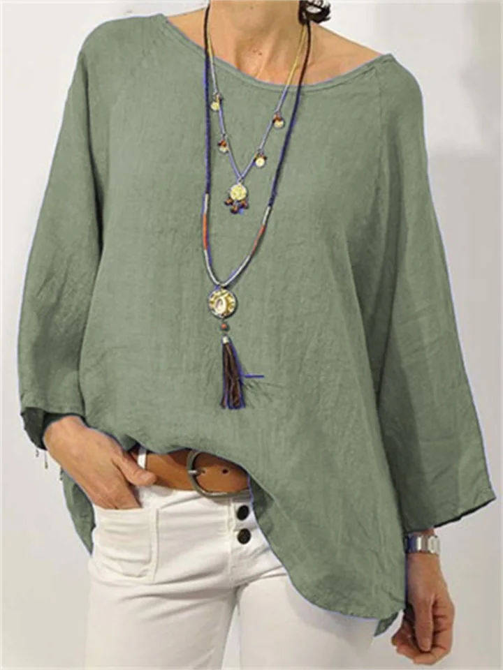 Women's Tops Solid Colour Cotton Linen Round Neck Shoulder Sleeve Nine-minute Sleeve Women's Shirt-Cosfine
