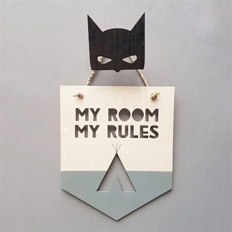 INS Wooden Positive Slogan Banner MY ROOM MY RULES Wood Chip For Kids Room Decoration Ornaments Wall Hanging Garland Photo Props