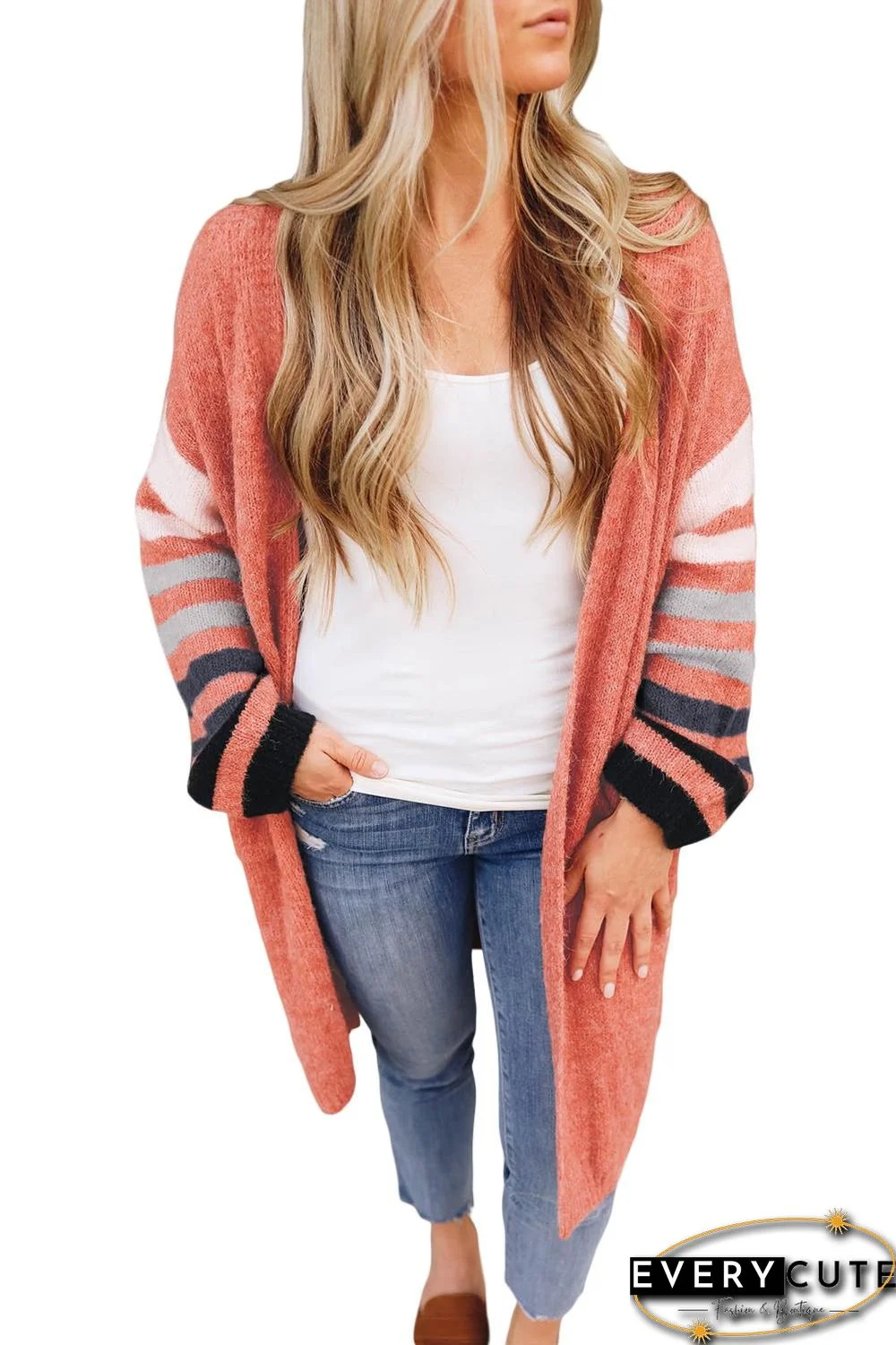 Orange Striped Sleeve Cardigan