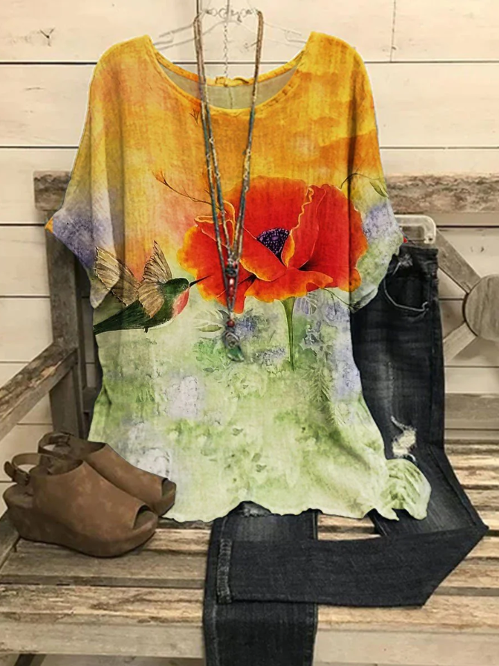 Vintage Hummingbird Flowers Printed Women's Top