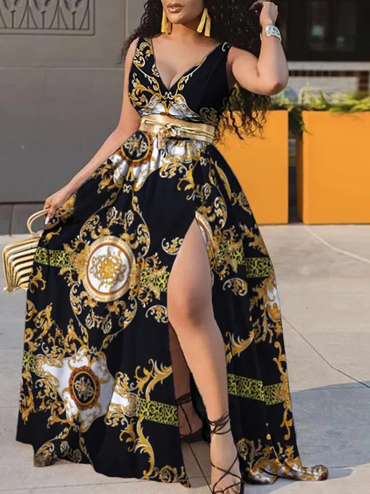 2022 VONDA Women Sleeveless V Neck Bohemian Floral Print Beach Dress Sexy High Split Hem Robe Bohemian Vestido Party Beach Dress