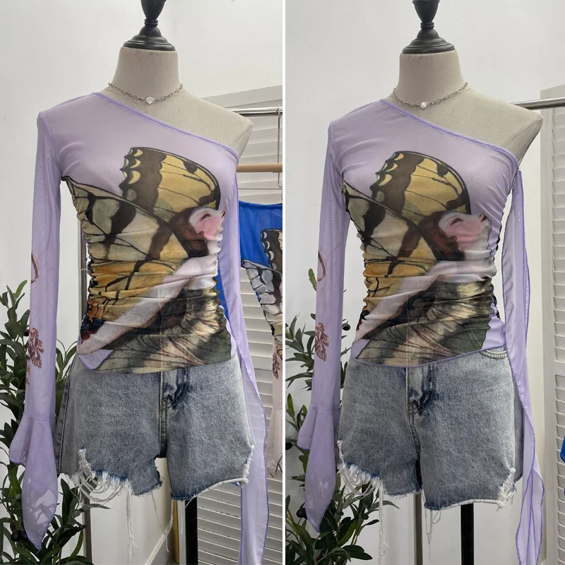 Uveng Design-Sensitive One-Shoulder Horn Long-Sleeved Mesh Yarn-Print T-Shirt With Short Tight Top 9915