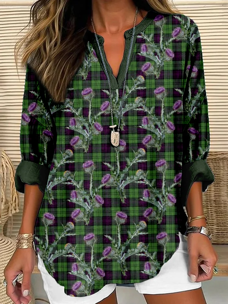 Vintage Scottish Thistle Plaid Linen Blend Cozy Shirt