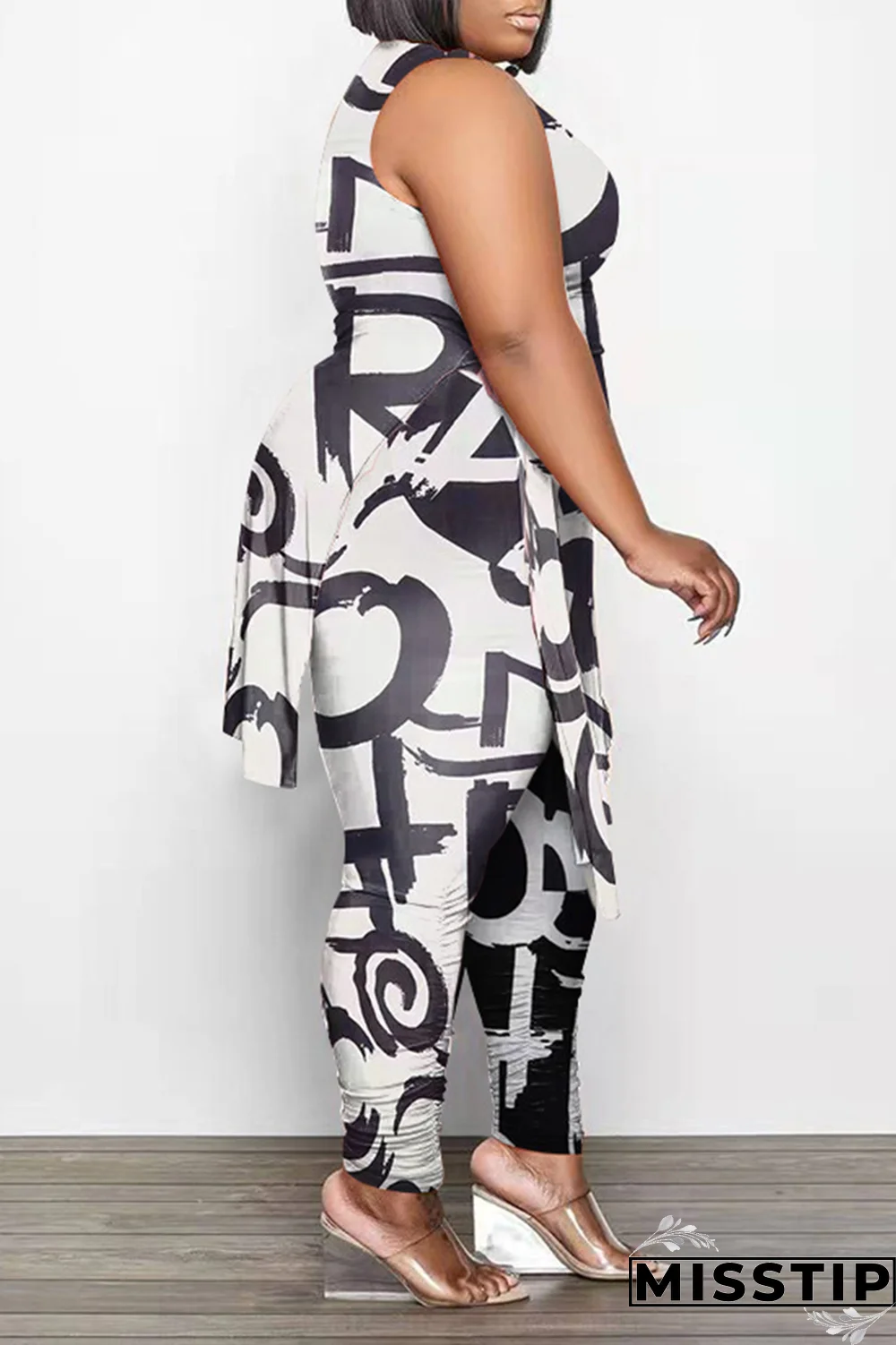 Black White Fashion Print Draw String O Neck Plus Size Two Pieces