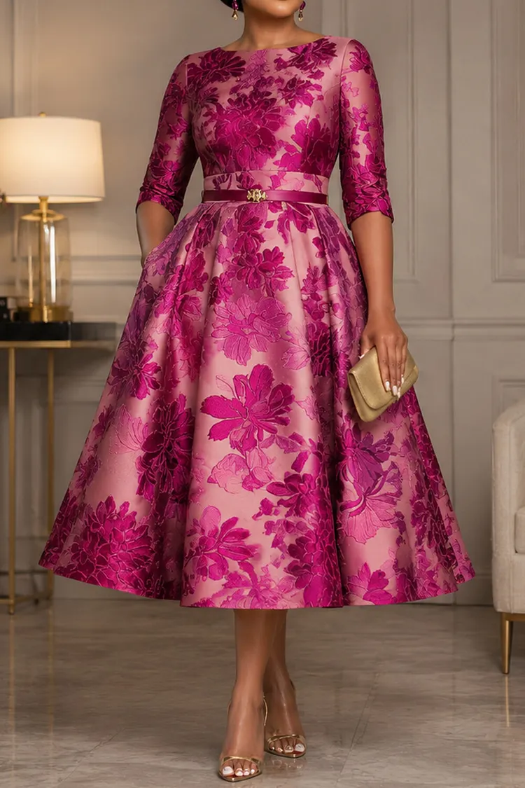 hot pink floral wedding guest dress Xpluswear Design Plus Size Round Neck Half Sleeve Pocket Satin Midi Dresses (No Belt) Hot Pink-2XL/18-20 Dip hem dress