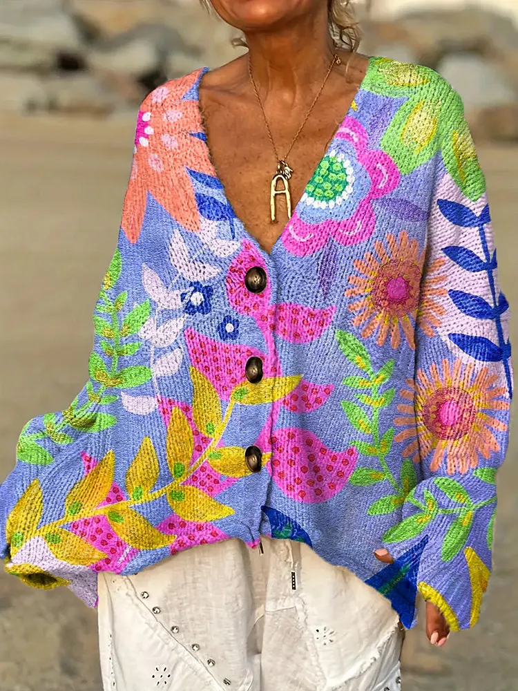 Women's Beautiful Colorful Abstract Floral Painting Art Print Casual Pullover Sweater