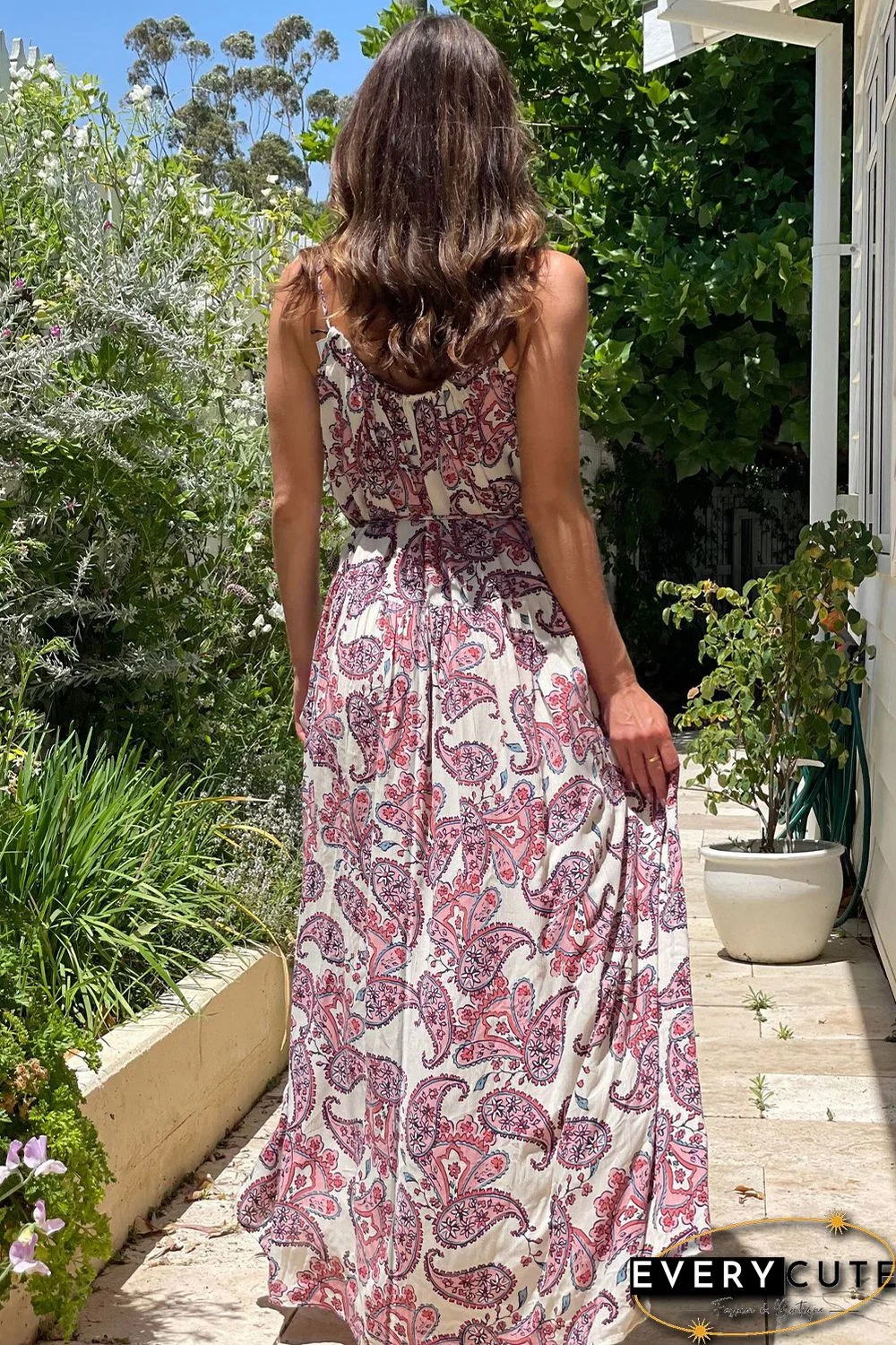 White Boho Paisley Print Spaghetti Straps Maxi Dress
