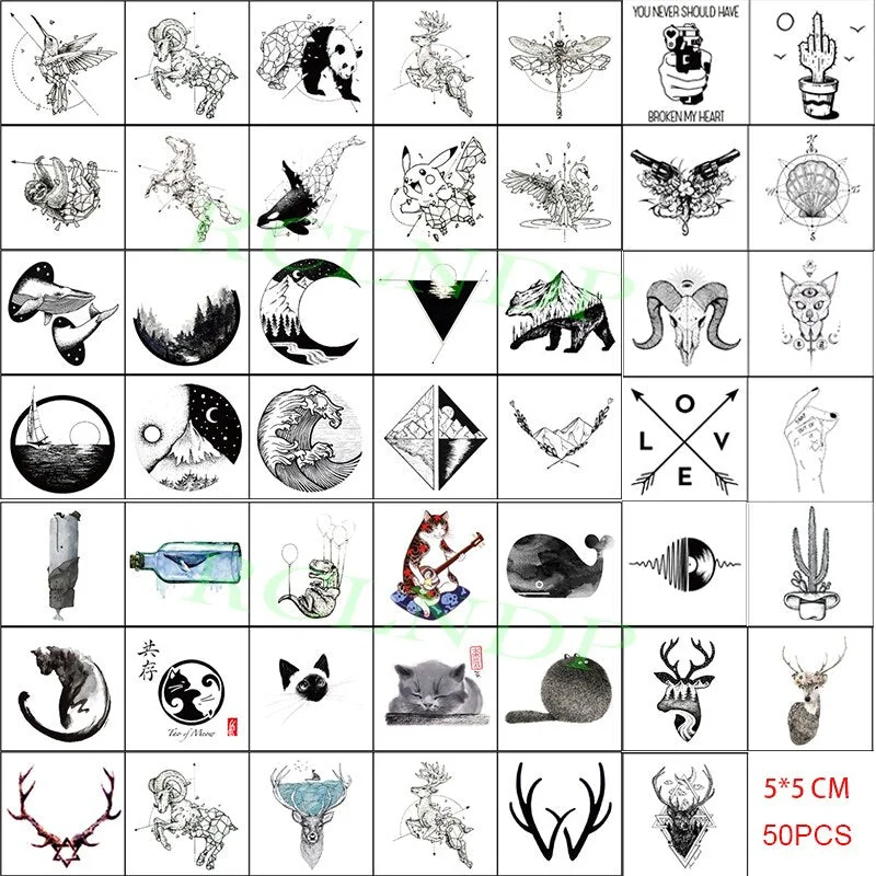 Temporary Tattoo Sticker Set Moon Skull Cross Butterfly Tatoo Flash Tatto Fake Waterproof Stickers for Men Women Girls 50 Pcs