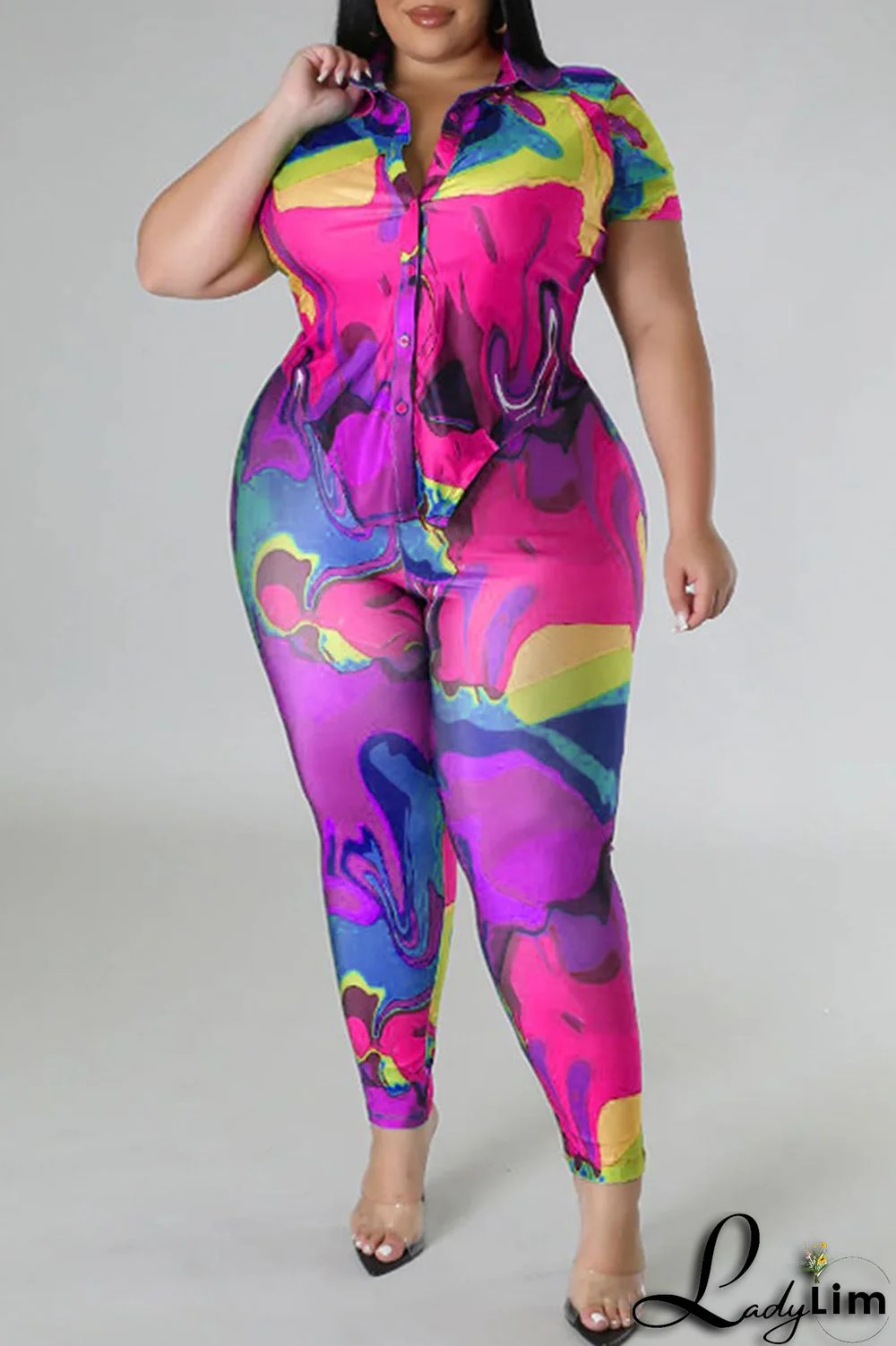 Red Casual Street Print Patchwork Buckle Asymmetrical Turndown Collar Plus Size Two Pieces