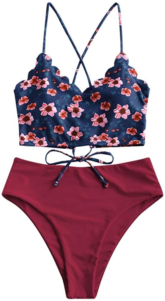 Women's Leaf Print Lace Up Ruched High Waisted Tankini Set Swimsuit