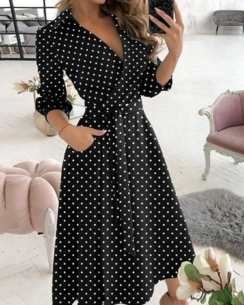 Stylish V-neck polka-dot print dress