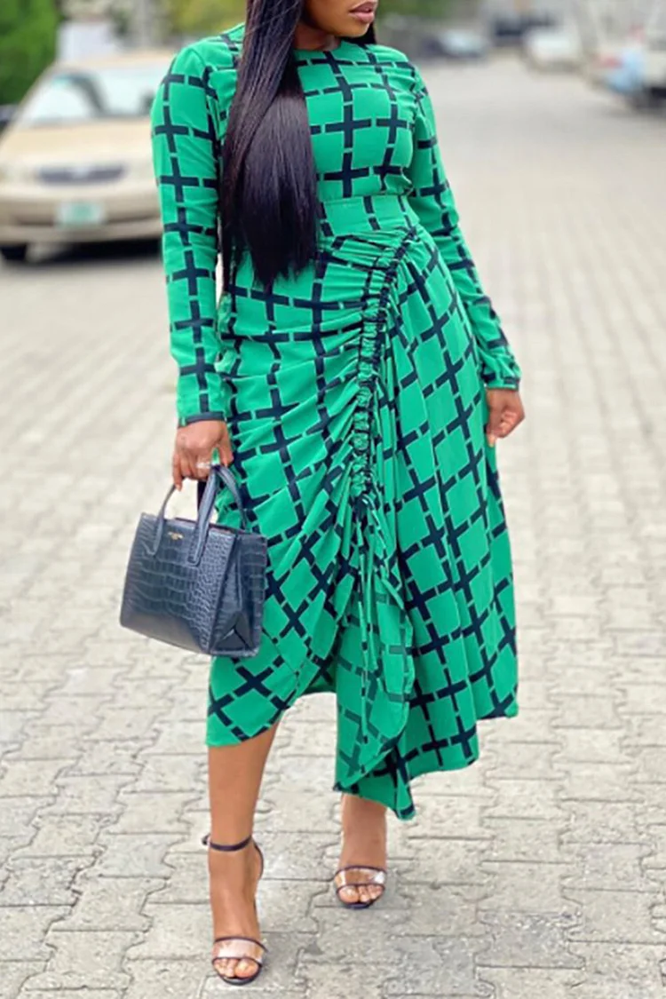 Plus Size Semi Formal Midi Dresses Green Geometric Print Drawstring Irregular Hem Long Sleeve Midi Dresses