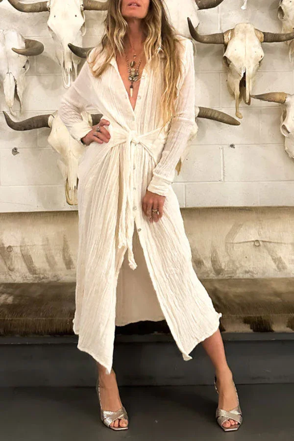 Casual Comfortable Tie Waist Shirt Maxi Dress