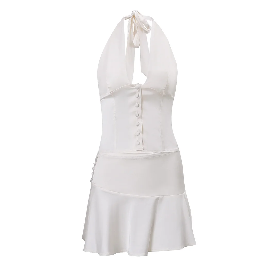 Uveng Uveng Spring Women's New Fashion Sexy Hot Girl Satin Lace-Up Neck Vest Temperament Slim Skirt Suit