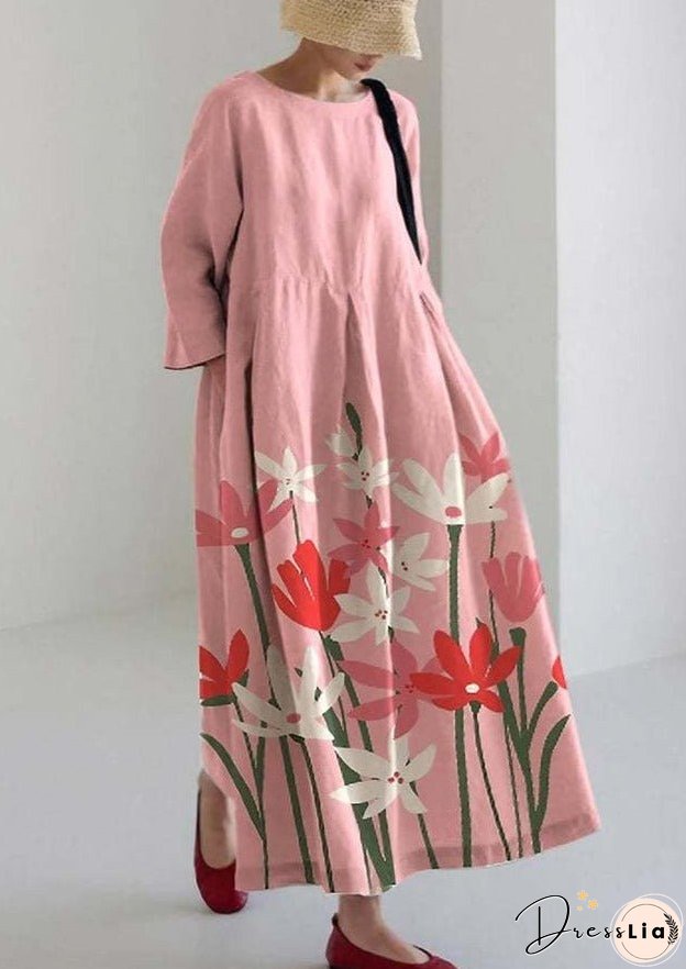 Pink Daffodils Cotton Dresses Pockets Patchwork Summer