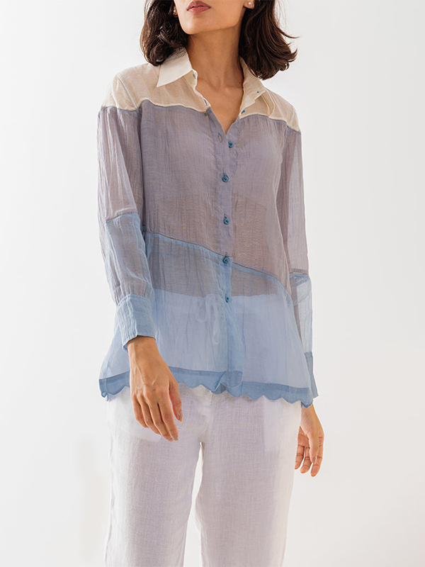 Three Colors Patchwork Long Sleeve Silk Shirt
