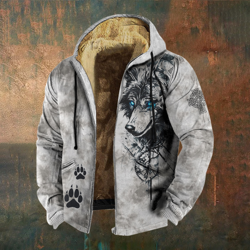 Men's Retro Viking Wolf Print Casual Zip Up Jacket elevenforest