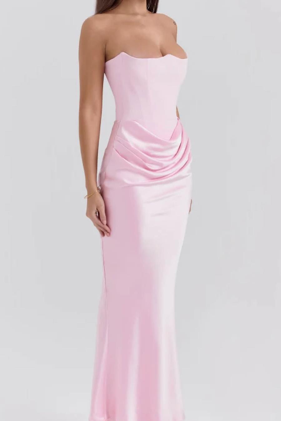Lvs&Broner Pink Strapless Sleeveless Mermaid Long Prom Dress With Pleated