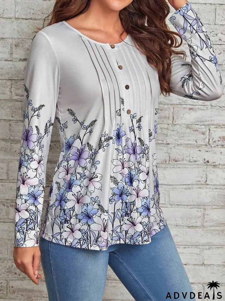 Floral Print Button Front Tee