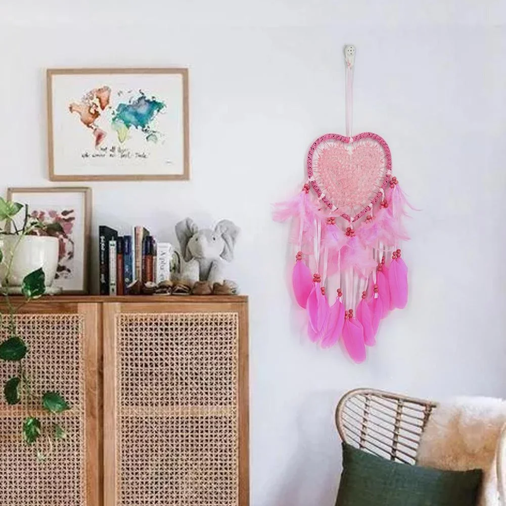 Heart Dream Catcher LED Light Feathers Wall Hanging Dreamcatcher (Pink)