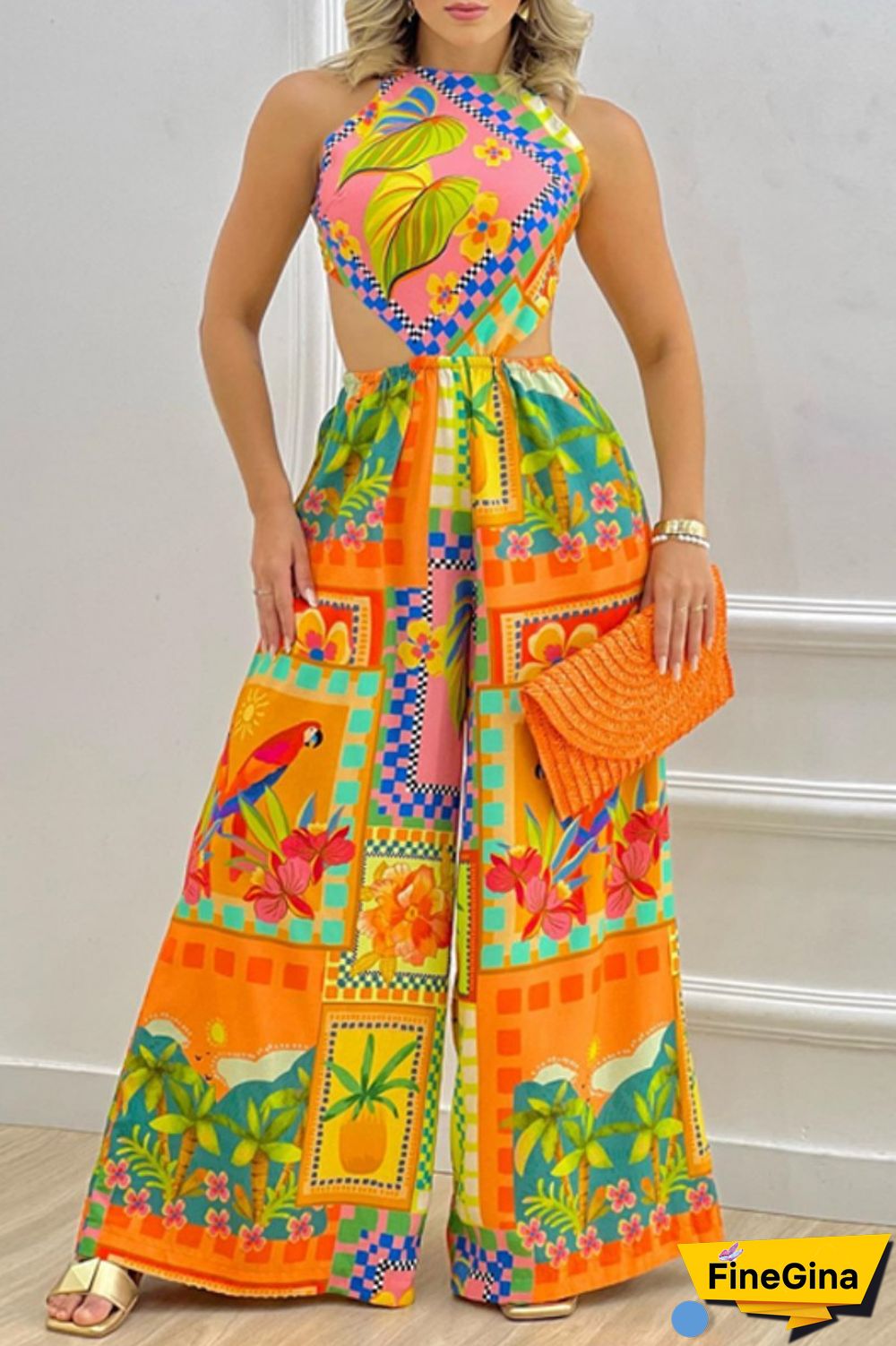 Colour Sexy Casual Not Positioning Printed Bandage Backless O Neck Regular Jumpsuits