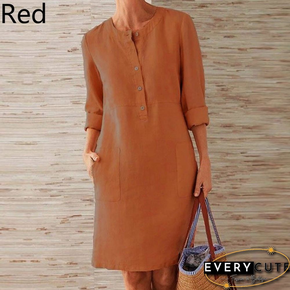 Women Casual Round Neck Dress Cotton And Linen Loose Botton Plus Size Long Sleeve Midi Dress