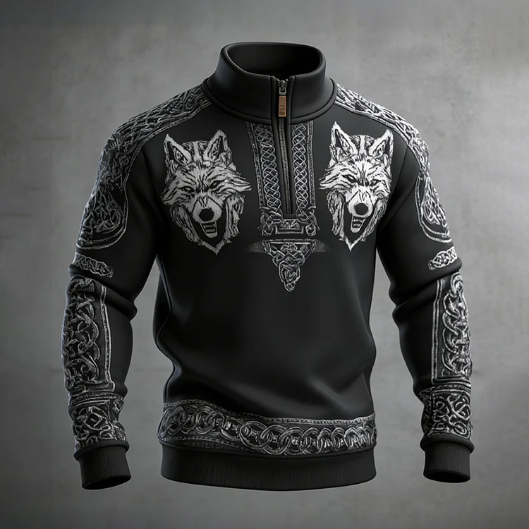 Men's Viking Wolf Celtic Knot Art Zipper Stand Collar Sweatshirt