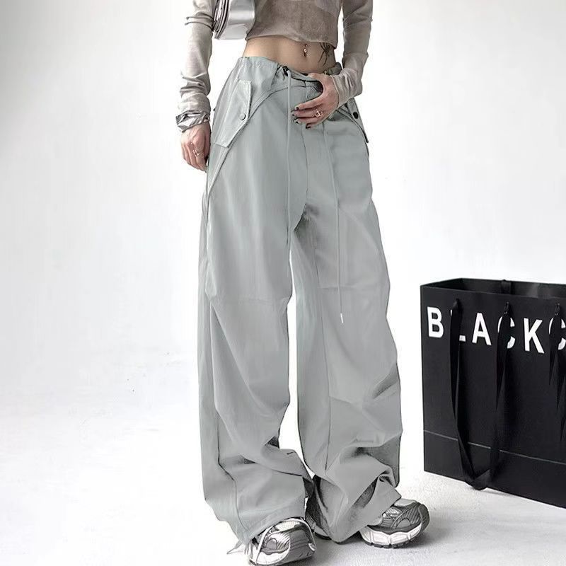 Vizslaz New women solid color large pocket workwear pants American high street wide leg pants loose hip-hop trendy long pants y2k