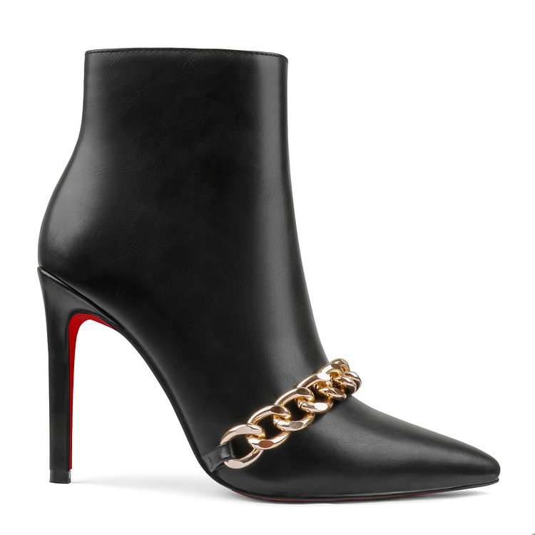 Women's Closed Pointed Toe Chain Studded Stiletto Ankle Boots Red Bottom  Heels