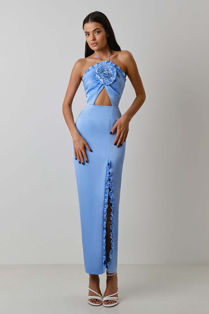 Tied Up Irregular Neck Flower Decor Cutout High Slit Bodycon Satin Prom Maxi Dresses