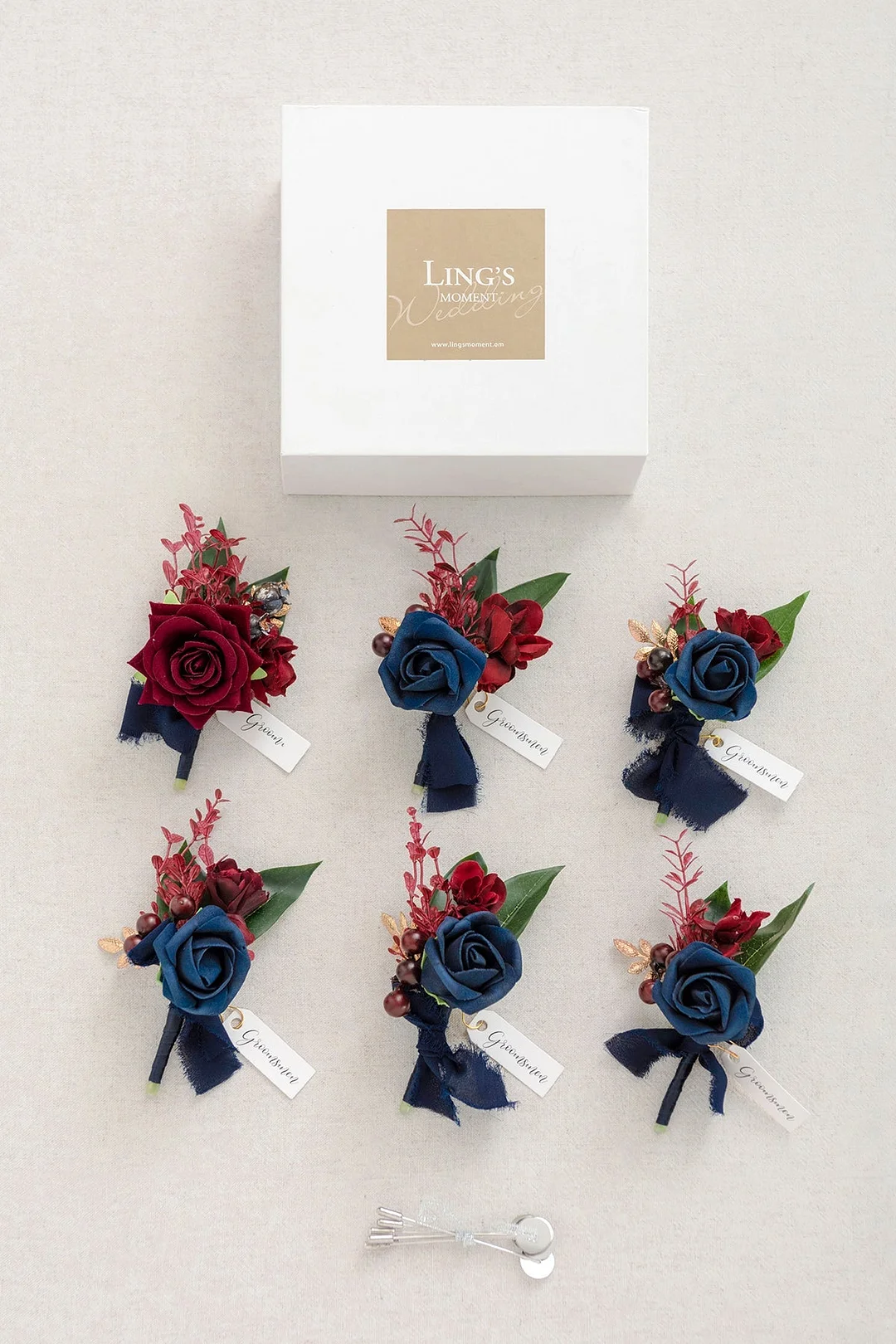 Boutonnieres in Burgundy & Navy