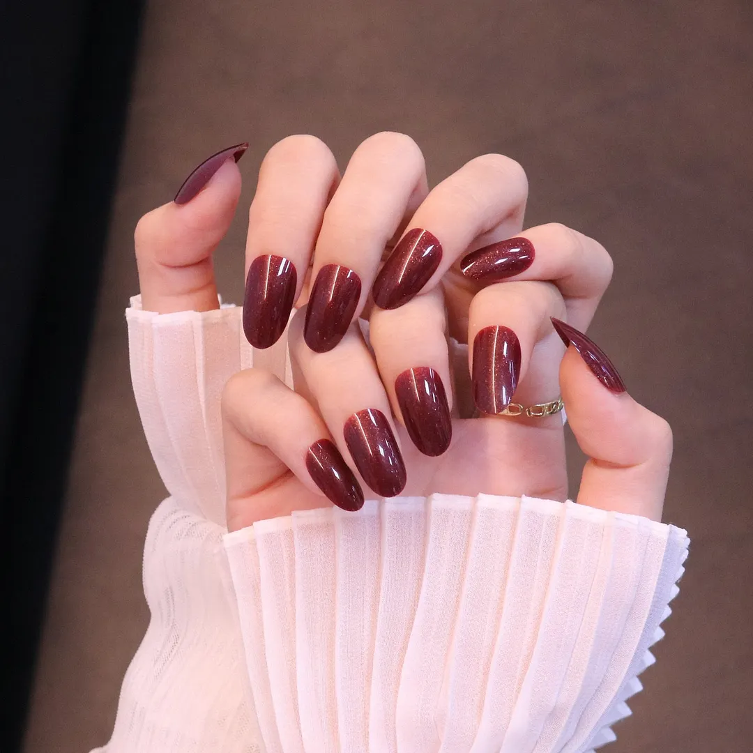 24pcs/Set Gorgeous Wine Red False Nails With Glue Middle Long Round Head Full Nail Tips Finished Fake Nail artificial nails-Nail Inspo