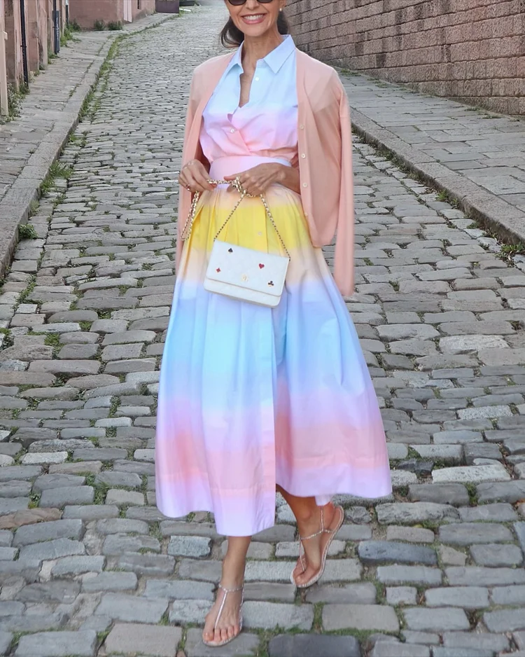 Women's Lapel Button Gradient Color Dress