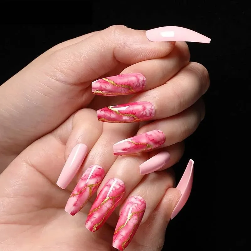 24pcs Rose Pattern Red Wine False Nail Fake Nails Coffin Glossy Press On Nails False Girls Ballerina full cover Fingernails Tips-Nail Inspo