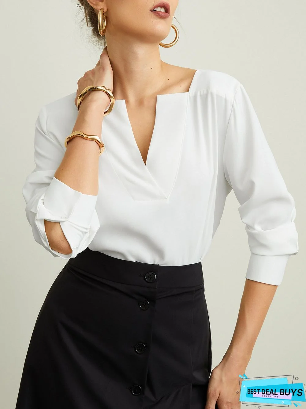 White Daily Long sleeve Plain V Neck Simple Blouse