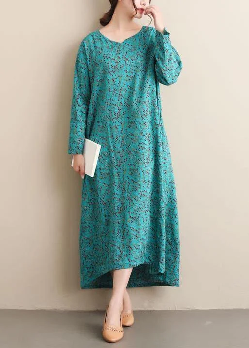 Classy V Neck Spring Dresses Shape Green Print Robes Dress