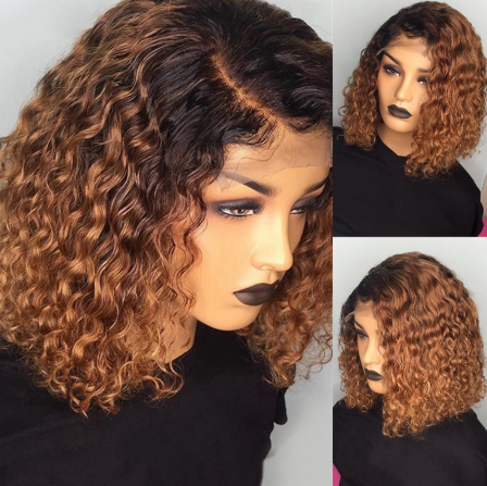 Black Gradient Light Brown Short Curly Hair Wig Brazilian Bob Wigs