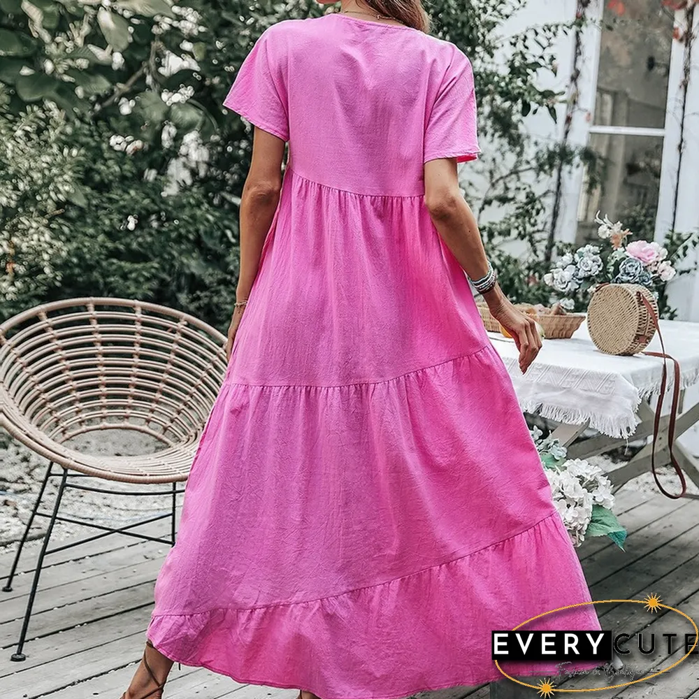 Elegant V-Neck Loose Solid Cotton A-Line Dress For Women Summer New