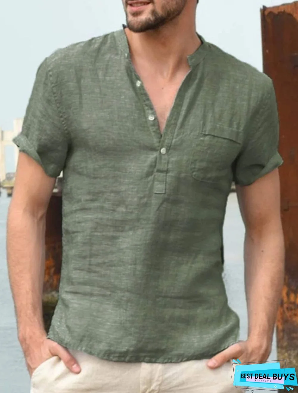 Men's T-Shirt Solid Colored Short Sleeve Daily Tops Cotton Basic Streetwear V Neck Gray Green White / Work Linen