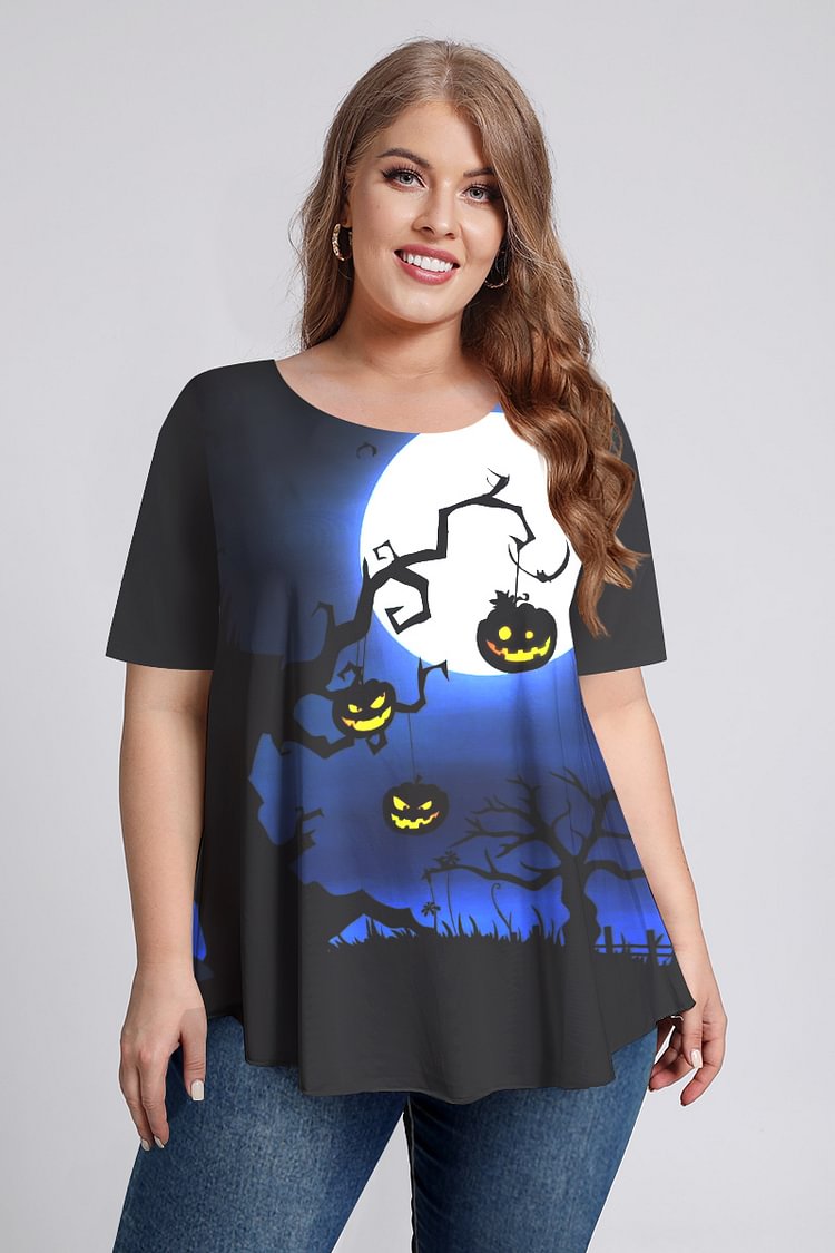 Flycurvy Plus Size Halloween Black Tree Pumpkin Print Short Sleeve T-Shirt  flycurvy [product_label]