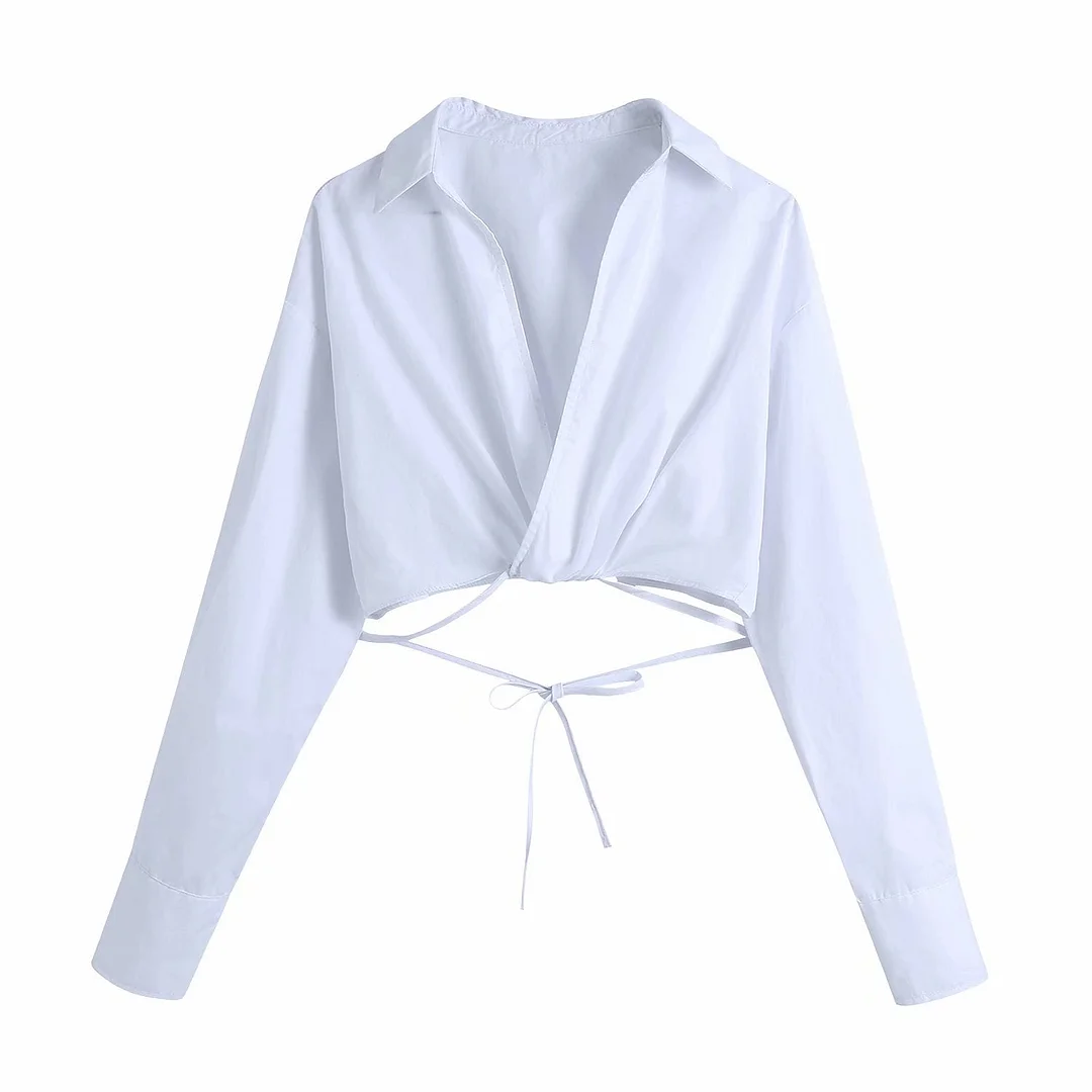 Zevity Women Fashion Cross V Neck Hem Bow Tied White Short Smock Blouse Female Long Sleeve Kimono Shirts Chic Blusas Tops LS9008