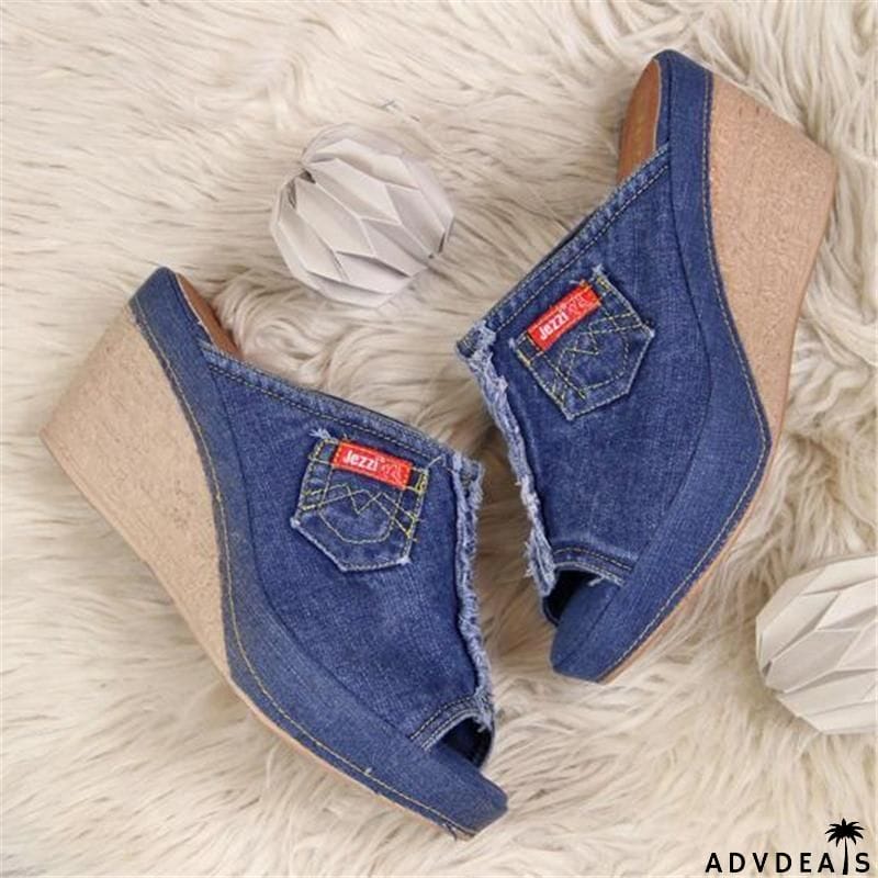 Women's Casual Peep Toe Denim Wedges Sandals