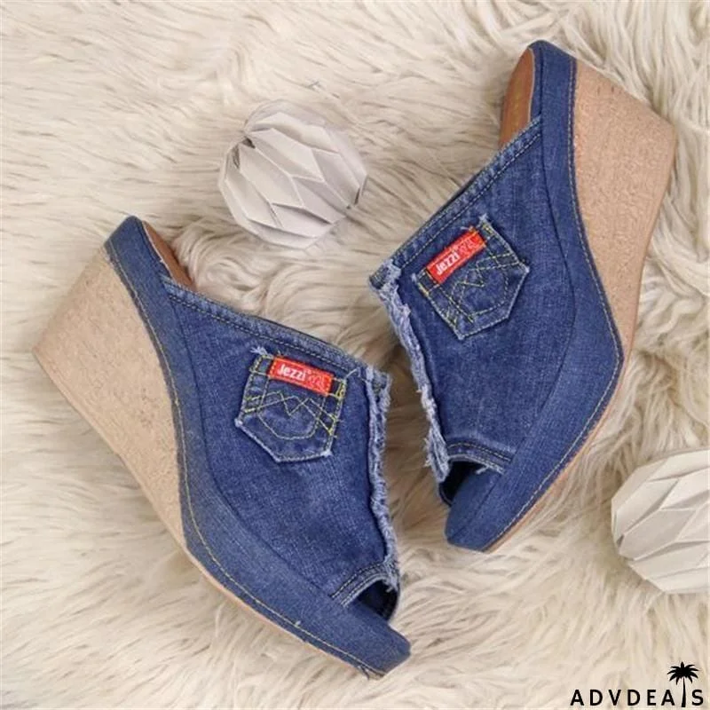 Women's Casual Peep Toe Denim Wedges Sandals