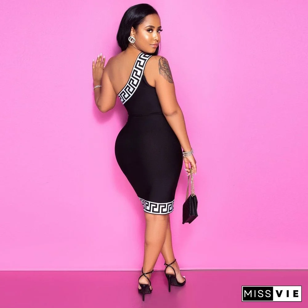 One Shoulder Sleeveless Patchwork Skinny Dress