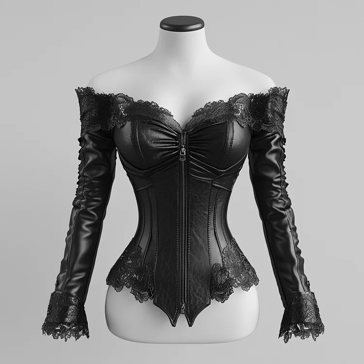 Ursime PU Leather Lace Trim Off The Shoulder Zipper Blouse