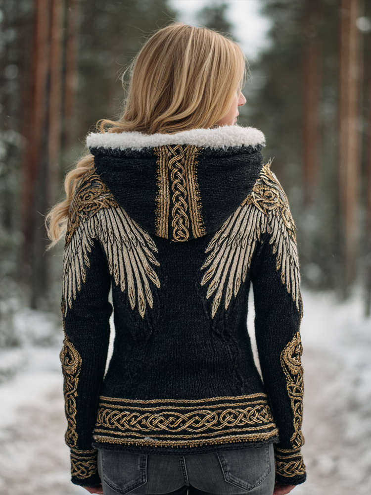 Vintage Viking Style Knitted Feather Wings Pattern Design Women's Hooded Knitted Sweater Coat elevenforest