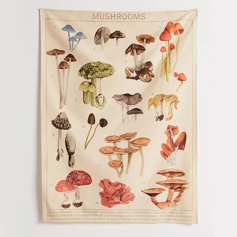 Vintage Mushroom Tapestry Wall Hanging Botanical Print Floral Illustration Sea Life Art Tapestry Wall Decor Hanging Home Decor