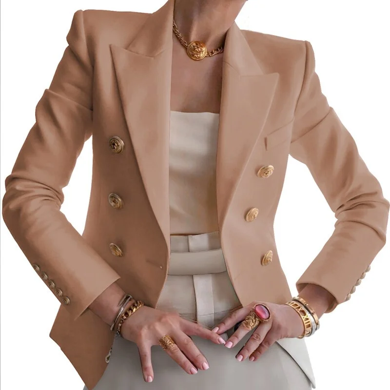 2021 Winter Women Blazer Double Breasted Blazer Coat Fashion Slim long Sleeve Elegant Suit Jacket Office Women Blazer