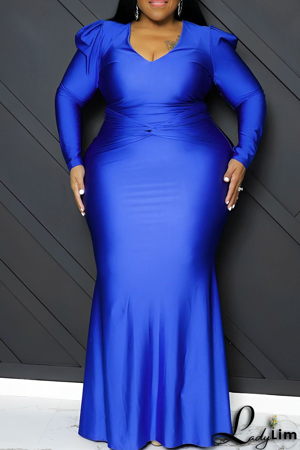 Orange Casual Solid Patchwork V Neck Long Sleeve Plus Size Dresses