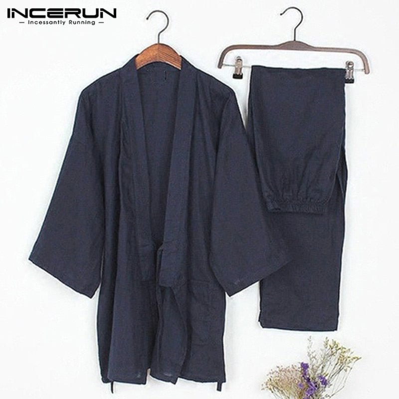 Japanese Mens Kimono Pajamas Suits Male Robe Gown 2Pcs/Set Lounge Bathrobe Sleepwear Loose Man Cotton Comfortable Pajamas Hombre